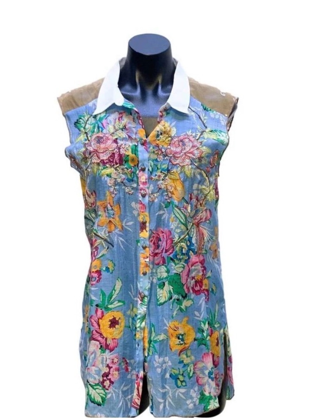 Aratta Sky Blue Floral Button Tunic with White Collar